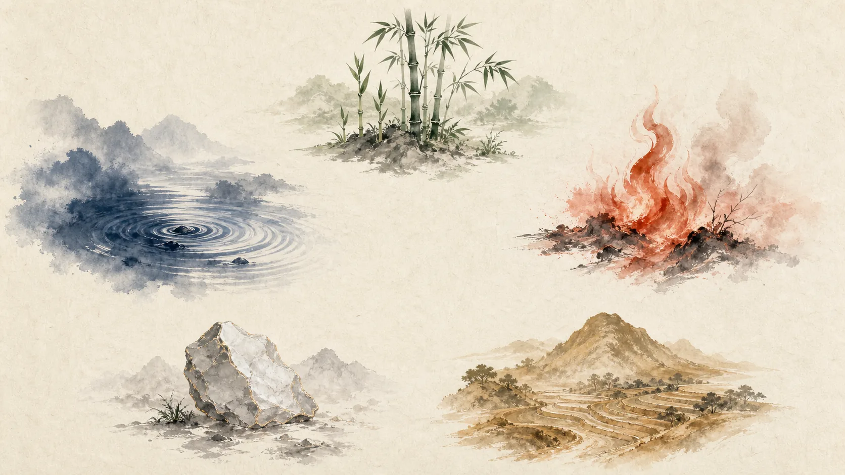 An ink-wash landscape with Wood at the top, followed clockwise by Fire, Earth, Metal, and Water.